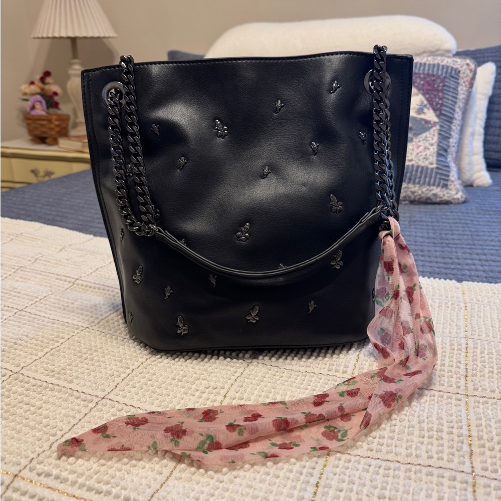 Betsey Johnson Black Shoulder Bag with Pink Floral Scarf